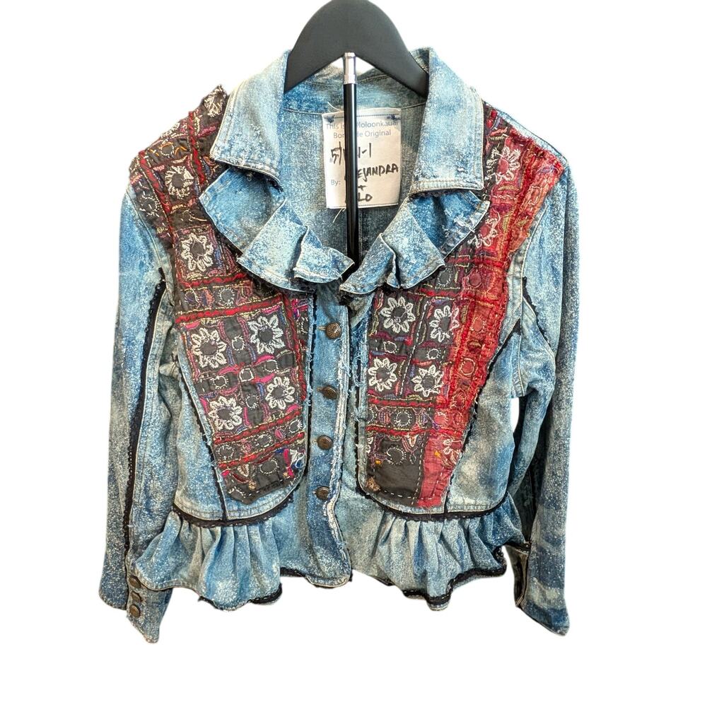 LoLo Kauai OOAK Upcycled Denim Jacket L XL Patchwork Embroidered Boho Artwear - Picture 1 of 3